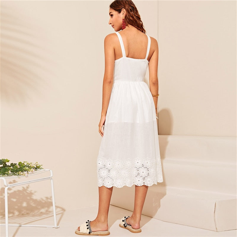 White Embroidered Eyelet Hem Button Up Summer Boho Dress Women Straps Empire Dress Solid Fit and Flare Long Cami Dresses | Vimost Shop.