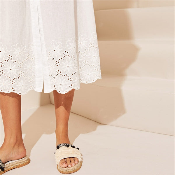 White Embroidered Eyelet Hem Button Up Summer Boho Dress Women Straps Empire Dress Solid Fit and Flare Long Cami Dresses | Vimost Shop.