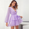 Purple Deep V Neck Double Layer Hem Swiss Dot Dress Women Autumn Bishop Sleeve Sexy Ladies Belted Short Dresses | Vimost Shop.