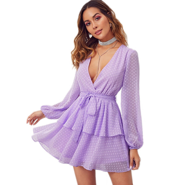 Purple Deep V Neck Double Layer Hem Swiss Dot Dress Women Autumn Bishop Sleeve Sexy Ladies Belted Short Dresses | Vimost Shop.