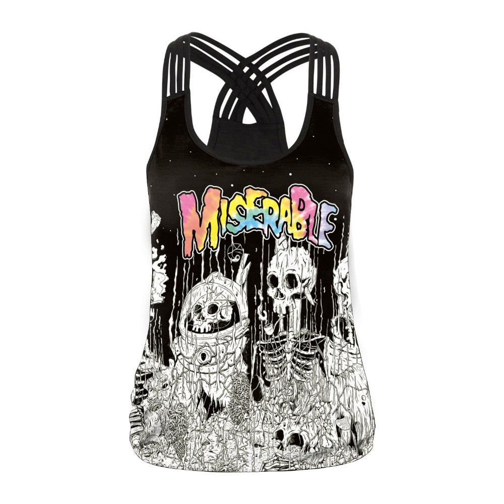 Fashion Halloween Sugar Skull Rose Girl Tank Top for Women Gothic Style Back Cross Sleeveless Vest | Vimost Shop.