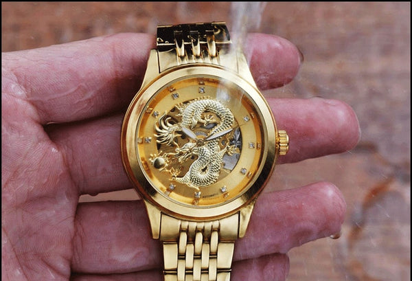 Luxury Top Brand Dragon Design Automatic Watch Men Skeleton Gold Full Stainless steel Wristwatch Mechanical Skeleton Steampunk | Vimost Shop.