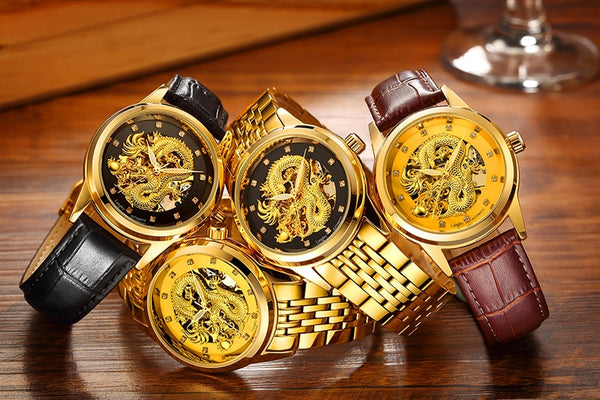 Luxury Top Brand Dragon Design Automatic Watch Men Skeleton Gold Full Stainless steel Wristwatch Mechanical Skeleton Steampunk | Vimost Shop.