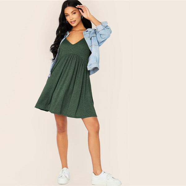 Solid Criss-cross High Waist Slip Cami Dress Women Summer Deep V Neck Pleated Hem Fit and Flare Casual Short Dresses | Vimost Shop.