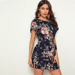 Navy Floral Print Petal Sleeve Belted Tunic Shift Dress Women Summer Short Sleeve Ladies Straight Bohemian Short Dresses