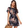 Navy Floral Print Petal Sleeve Belted Tunic Shift Dress Women Summer Short Sleeve Ladies Straight Bohemian Short Dresses | Vimost Shop.