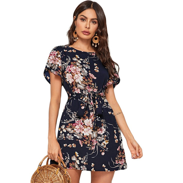 Navy Floral Print Petal Sleeve Belted Tunic Shift Dress Women Summer Short Sleeve Ladies Straight Bohemian Short Dresses | Vimost Shop.