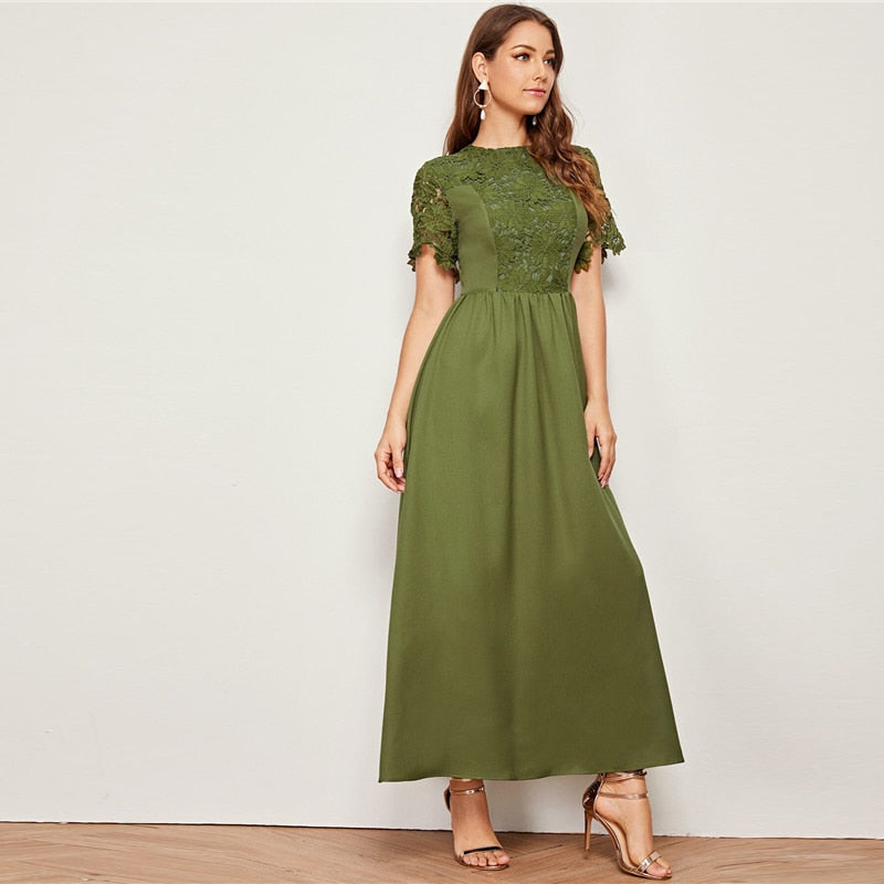 Army Green Solid Guipure Lace Trim Fit And Flare Dress Women Summer Short Sleeve High Waist Elegant Maxi Dresses | Vimost Shop.