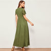 Army Green Solid Guipure Lace Trim Fit And Flare Dress Women Summer Short Sleeve High Waist Elegant Maxi Dresses | Vimost Shop.