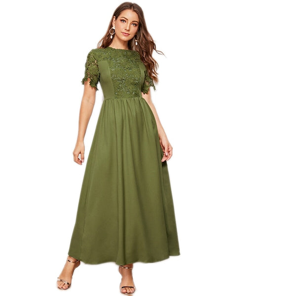 Army Green Solid Guipure Lace Trim Fit And Flare Dress Women Summer Short Sleeve High Waist Elegant Maxi Dresses | Vimost Shop.