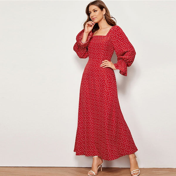 Red Square Neck Heart Print Elegant Long Dress Women Autumn Flounce Sleeve High Waist Zipper Back Flared Maxi Dresses | Vimost Shop.