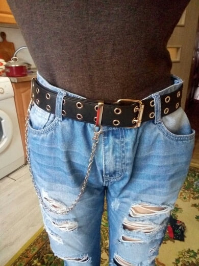Fashion Women Punk Chain Fashion Belt Adjustable Black Double/Single Eyelet Grommet Leather Buckle Belt | Vimost Shop.
