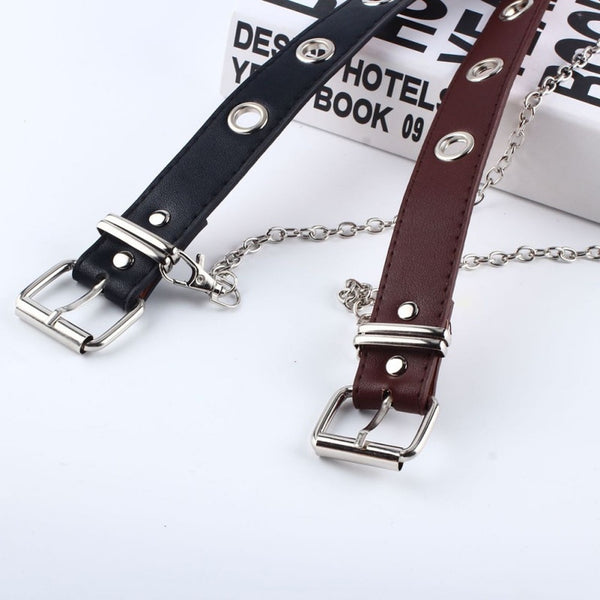 Fashion Women Punk Chain Fashion Belt Adjustable Black Double/Single Eyelet Grommet Leather Buckle Belt | Vimost Shop.