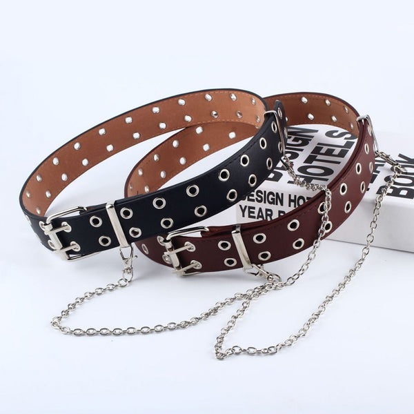 Fashion Women Punk Chain Fashion Belt Adjustable Black Double/Single Eyelet Grommet Leather Buckle Belt | Vimost Shop.