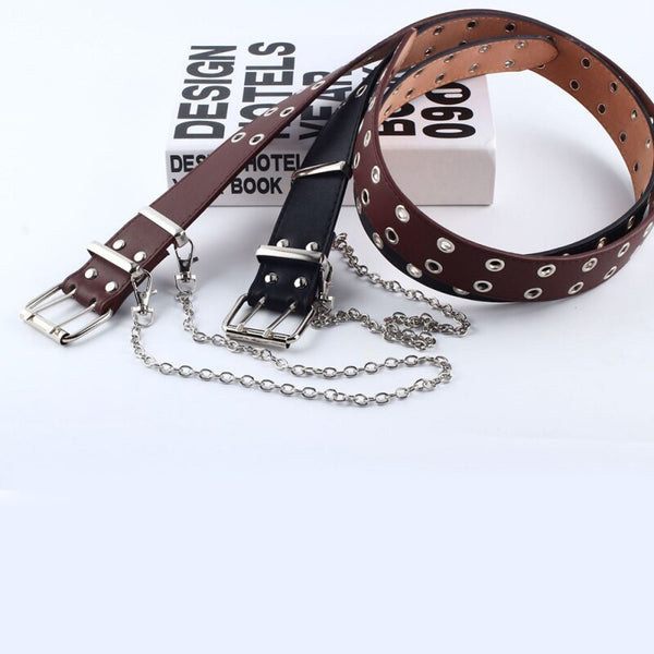Fashion Women Punk Chain Fashion Belt Adjustable Black Double/Single Eyelet Grommet Leather Buckle Belt | Vimost Shop.