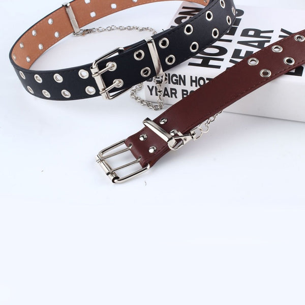 Fashion Women Punk Chain Fashion Belt Adjustable Black Double/Single Eyelet Grommet Leather Buckle Belt | Vimost Shop.