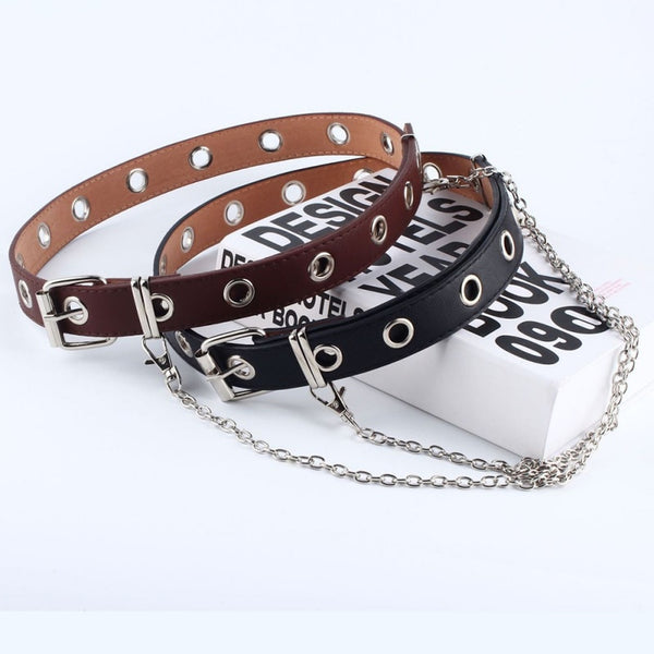 Fashion Women Punk Chain Fashion Belt Adjustable Black Double/Single Eyelet Grommet Leather Buckle Belt | Vimost Shop.