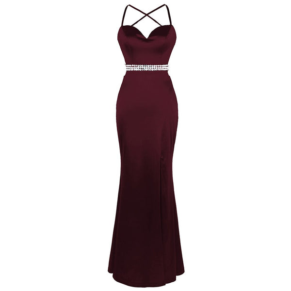 Women's Spaghetti Strap Hollow Out Beading Evening Dresses Backless Luxury Birthday Party Gown Wine Red | Vimost Shop.