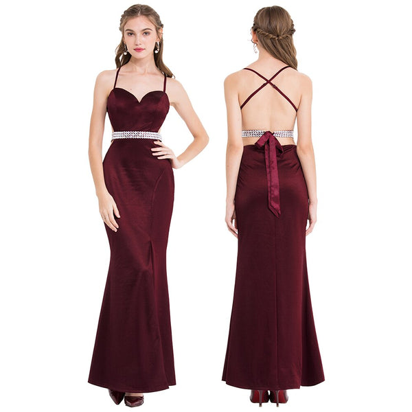 Women's Spaghetti Strap Hollow Out Beading Evening Dresses Backless Luxury Birthday Party Gown Wine Red | Vimost Shop.