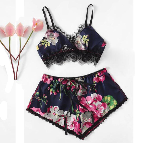 2pc Fashion Sexy Lace Satin Trim Floral Bow Lingerie Set Lace Underwear Pajamas Babydoll Sleepwear Backless Seamless Sleepwear | Vimost Shop.