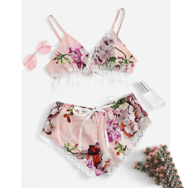 2pc Fashion Sexy Lace Satin Trim Floral Bow Lingerie Set Lace Underwear Pajamas Babydoll Sleepwear Backless Seamless Sleepwear | Vimost Shop.