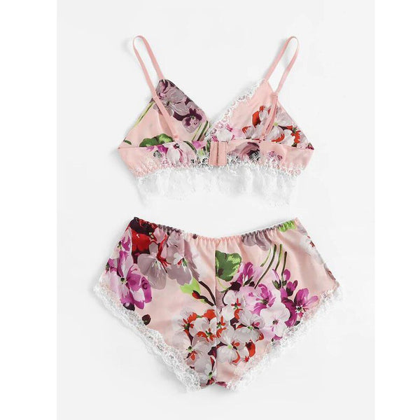 2pc Fashion Sexy Lace Satin Trim Floral Bow Lingerie Set Lace Underwear Pajamas Babydoll Sleepwear Backless Seamless Sleepwear | Vimost Shop.