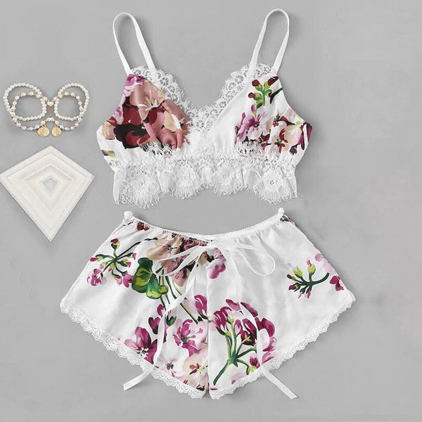 2pc Fashion Sexy Lace Satin Trim Floral Bow Lingerie Set Lace Underwear Pajamas Babydoll Sleepwear Backless Seamless Sleepwear | Vimost Shop.