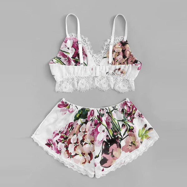 2pc Fashion Sexy Lace Satin Trim Floral Bow Lingerie Set Lace Underwear Pajamas Babydoll Sleepwear Backless Seamless Sleepwear | Vimost Shop.