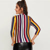 Multicolor Mock-neck Form Fitted Striped Top Slim 3/4 Length Sleeve Elegant Office Lady Tshirt Tops | Vimost Shop.