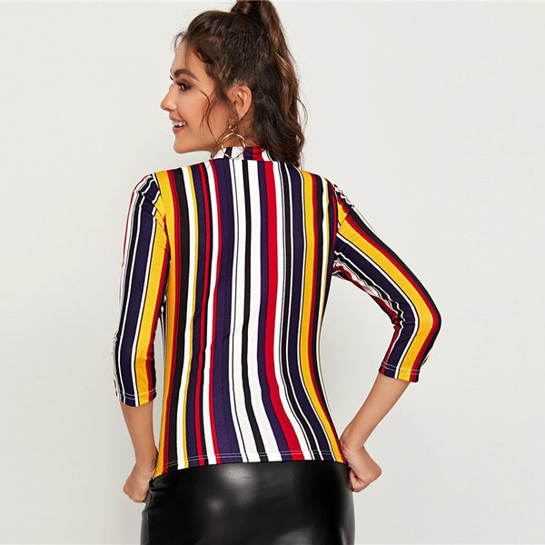 Multicolor Mock-neck Form Fitted Striped Top Slim 3/4 Length Sleeve Elegant Office Lady Tshirt Tops | Vimost Shop.