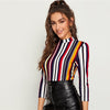 Multicolor Mock-neck Form Fitted Striped Top Slim 3/4 Length Sleeve Elegant Office Lady Tshirt Tops | Vimost Shop.