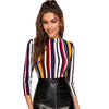 Multicolor Mock-neck Form Fitted Striped Top Slim 3/4 Length Sleeve Elegant Office Lady Tshirt Tops | Vimost Shop.