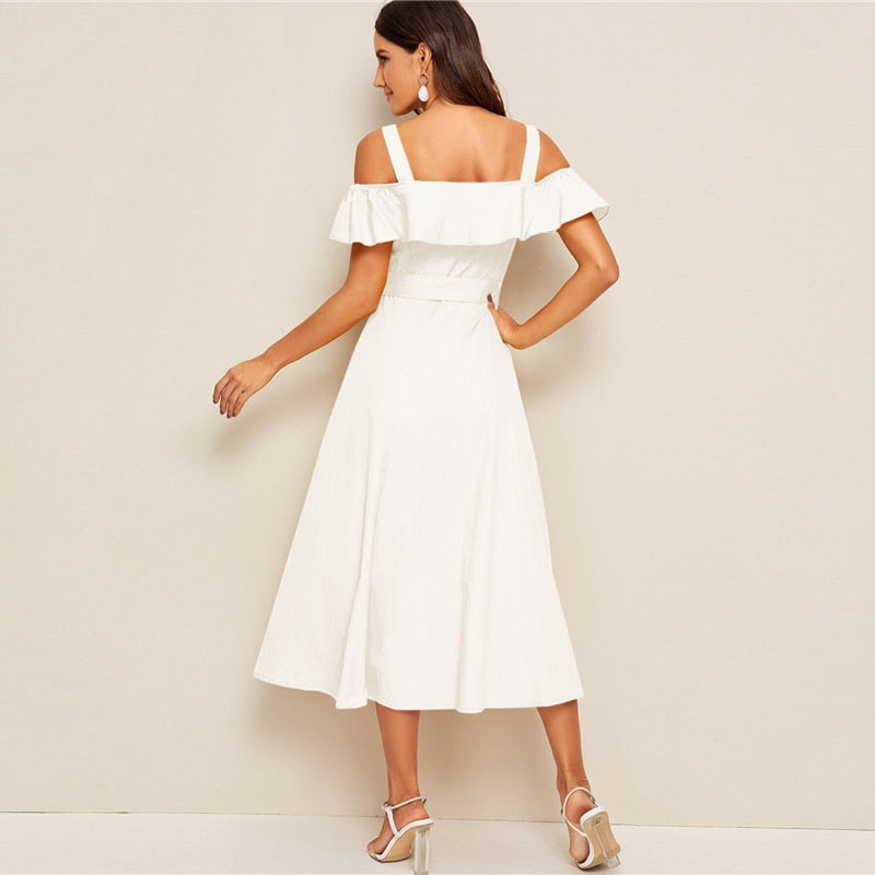 White Flounce Foldover Button Front Self Belted Dress Women Autumn Straps Cold Shoulder Solid Flared Party Long Dresses | Vimost Shop.