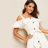 White Flounce Foldover Button Front Self Belted Dress Women Autumn Straps Cold Shoulder Solid Flared Party Long Dresses | Vimost Shop.
