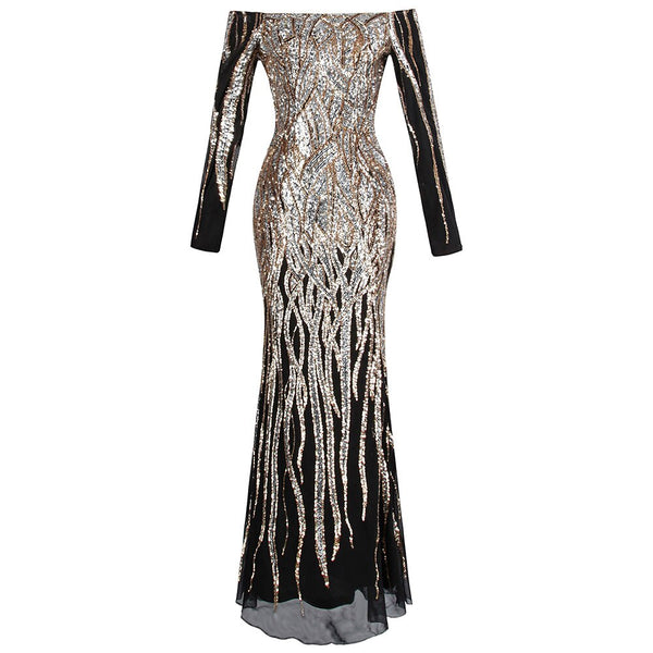 Women's Evening Dress Long Sleeve V Neck Floral Sequin Asymmetry Formal Gown Costume Gold | Vimost Shop.