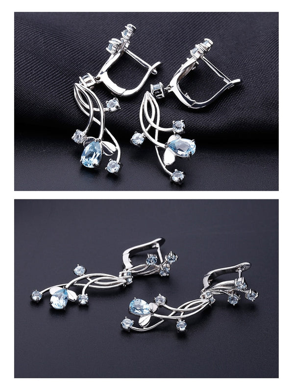Flower Design 3.89t Natural Sky Blue Topaz Gemstone Drop Earrings For Bridal 925 Sterling Silver Wedding Jewelry | Vimost Shop.