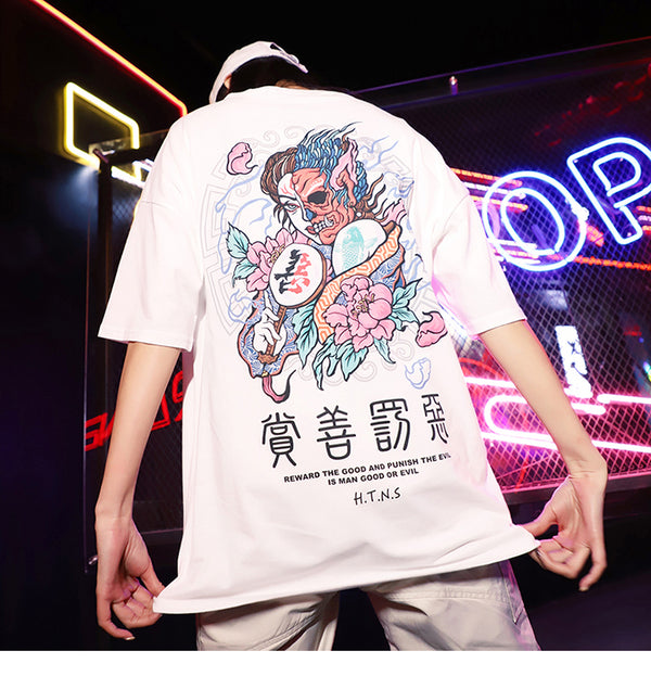 Women Men Good And Evil Print Hip Hop T-Shirt Chinese Character | Vimost Shop.