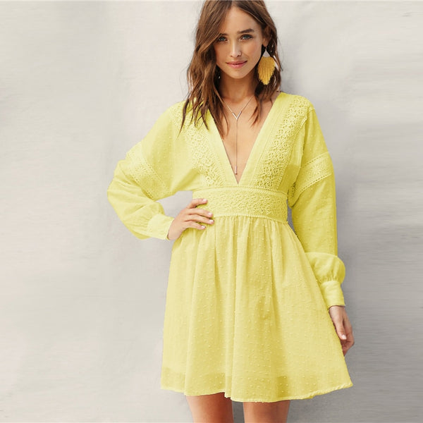Lady Sexy Guipure Lace Dot Jacquard Knot Backless Deep V Neck Mini Dress Women Spring Boho Fit and Flare Midi Dress | Vimost Shop.