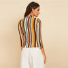 Multicolor Mock-neck Form Fitted Striped Top Slim 3/4 Length Sleeve Elegant Office Lady Tshirt Tops | Vimost Shop.