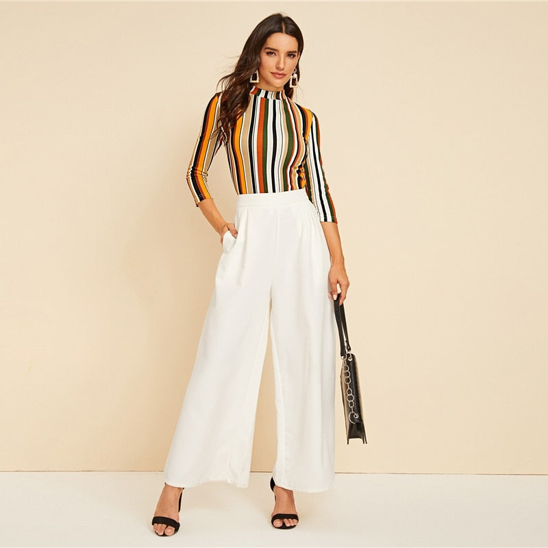 Multicolor Mock-neck Form Fitted Striped Top Slim 3/4 Length Sleeve Elegant Office Lady Tshirt Tops | Vimost Shop.