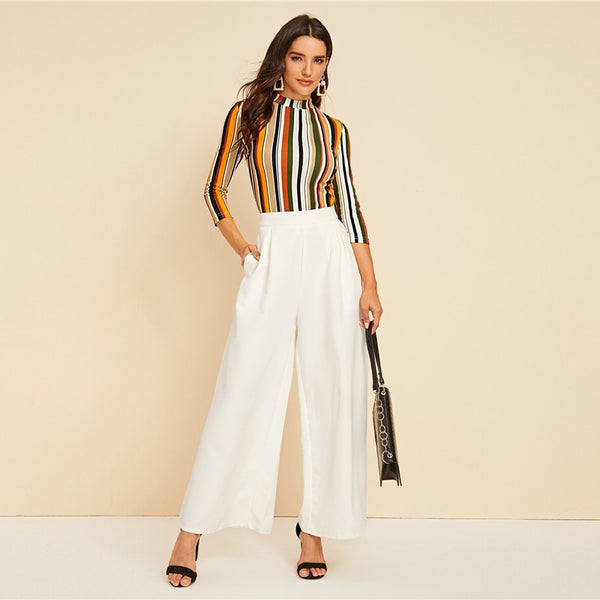 Multicolor Mock-neck Form Fitted Striped Top Slim 3/4 Length Sleeve Elegant Office Lady Tshirt Tops | Vimost Shop.