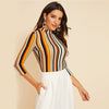 Multicolor Mock-neck Form Fitted Striped Top Slim 3/4 Length Sleeve Elegant Office Lady Tshirt Tops | Vimost Shop.