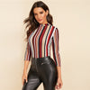 Multicolor Mock-neck Form Fitted Striped Top Slim 3/4 Length Sleeve Elegant Office Lady Tshirt Tops | Vimost Shop.