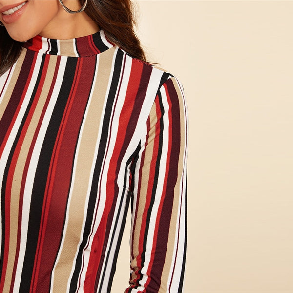 Multicolor Mock-neck Form Fitted Striped Top Slim 3/4 Length Sleeve Elegant Office Lady Tshirt Tops | Vimost Shop.