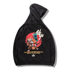 Harajuku Hip Hop Embroidered Samurai Dog Print Hoodies Sweatshirts Streetwear Chinese Characters Pullover Hooded Tops
