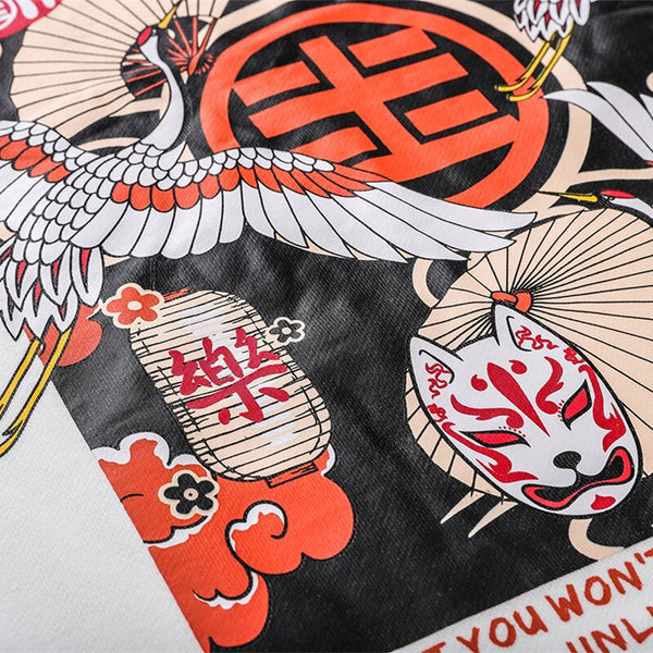 Japanese Style Crane Folding Fan Print Hooded Japan Ukiyo-e Sweatshirts Hoodies Harajuku Hip Hop Pullover Streetwear | Vimost Shop.
