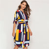 Geometric V Cut Neck Colorblock Casual Dress With Belt Women Autumn Roll Up Sleeve Button Side Straight Midi Dresses | Vimost Shop.