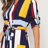 Geometric V Cut Neck Colorblock Casual Dress With Belt Women Autumn Roll Up Sleeve Button Side Straight Midi Dresses | Vimost Shop.