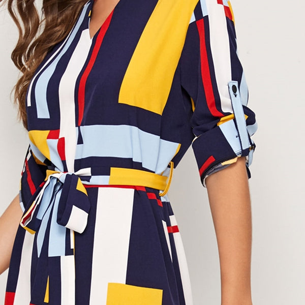 Geometric V Cut Neck Colorblock Casual Dress With Belt Women Autumn Roll Up Sleeve Button Side Straight Midi Dresses | Vimost Shop.