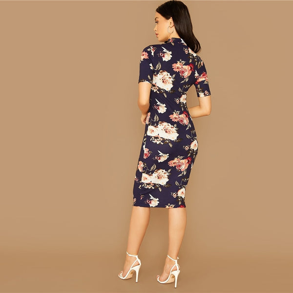 Navy Floral Print Stand Collar Elegant Bodycon Dress Women Autumn Short Sleeve Form Fitted Midi Pencil Dresses | Vimost Shop.